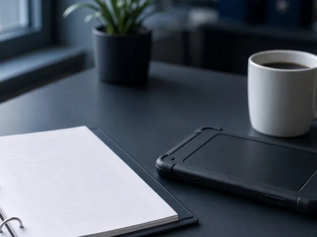 An open binder of blank service forms beside a rugged tablet and a cup of coffee
