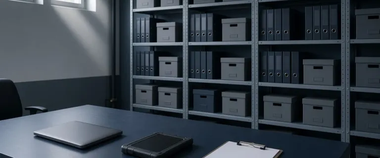 A quiet back office with shelves of archive boxes and binders behind a desk with a laptop, tablet and clipboard